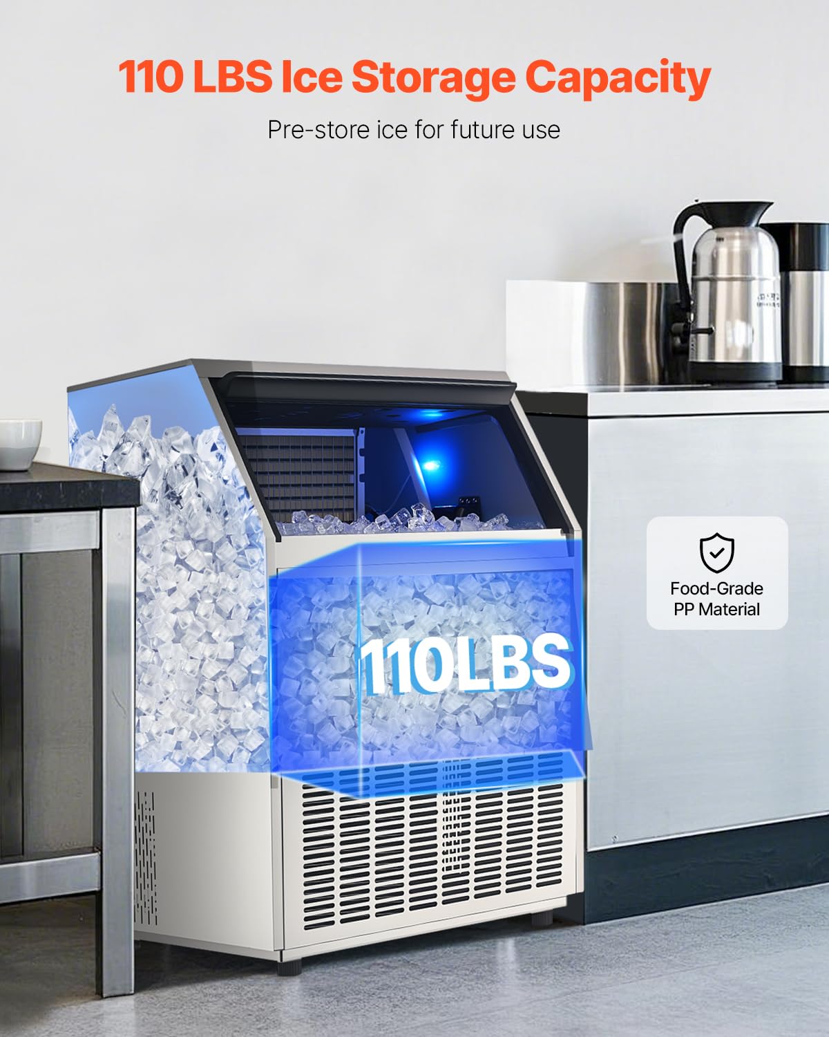 Vevor Commercial Ice Maker Machine, 440Lbs/24H Ice Maker Machine With 110Lbs Storage Capacity, 160 Ice Cubes In 15 Minutes, Led