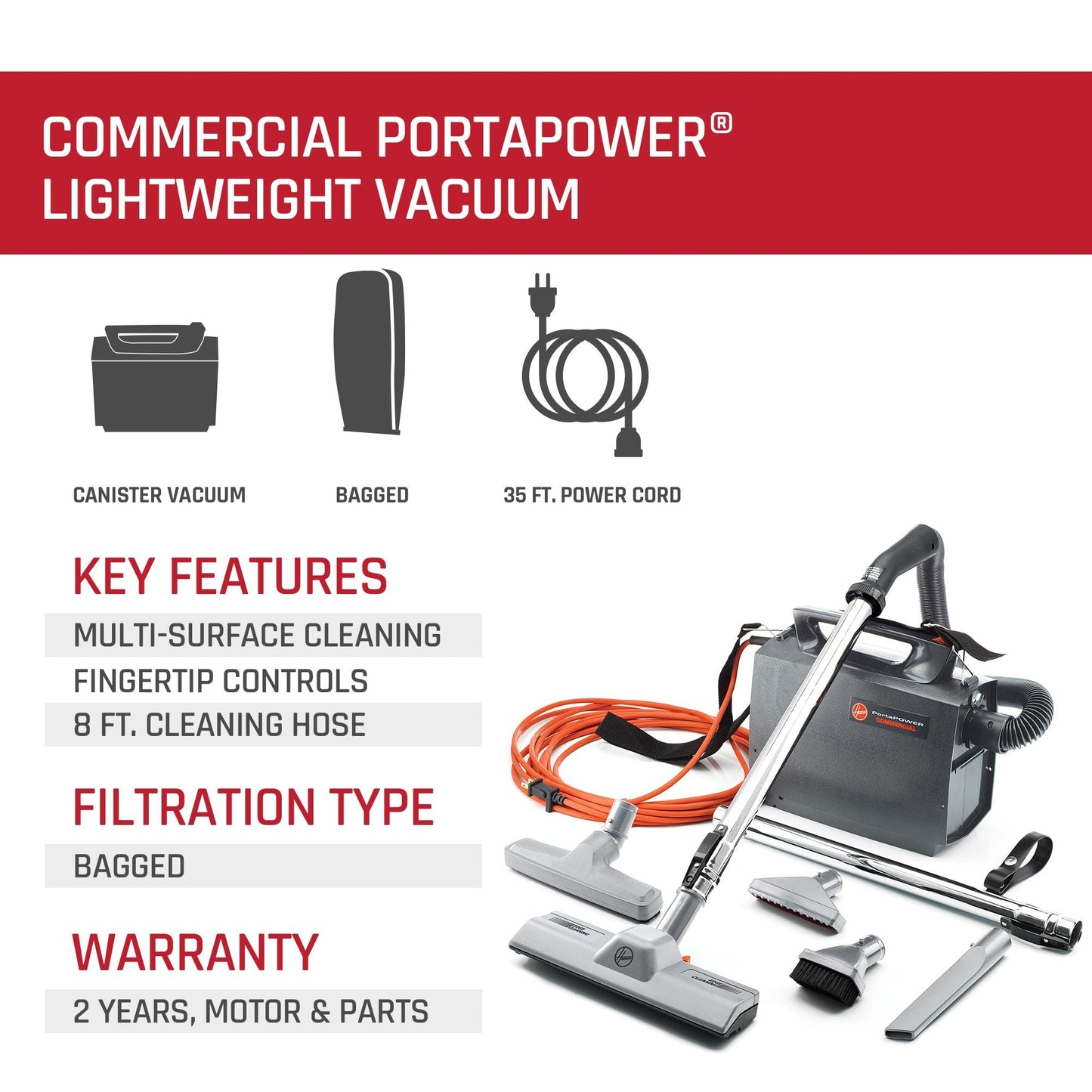 Hoover Commercial PortaPower Lightweight Canister Vacuum Cleaner, Bagged Canister Vac with Attachments, 2-in-1 Vac and Blower, Corded Vacuum Cleaners for Commercial Use