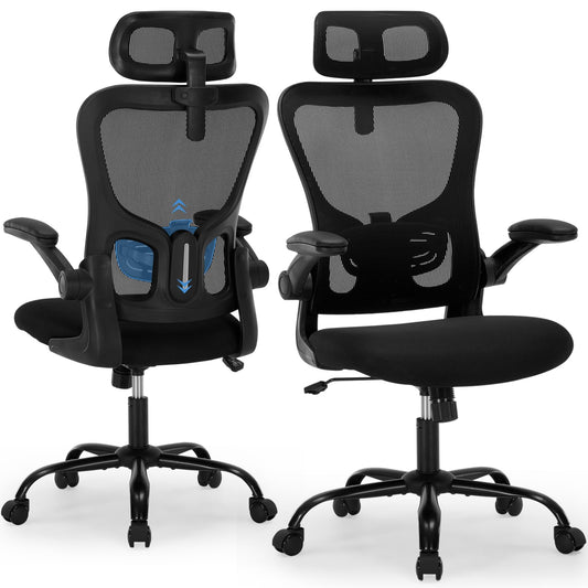Office Chair Ergonomic Desk Chair High Back Mesh Computer Chair with Adjustable Lumbar Support & Headrest, Flip-Up Armrests, 300lbs Capacity 360 Swivel Chair for Home Office, Black