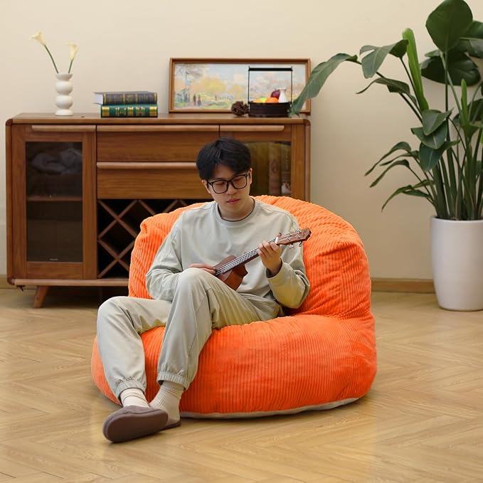 N&V Large Crescent Bean Bag Chair, Adult Size Bean Bag Sack, Foam Filling, Soft Premium Corduroy Bean Bag for Living Room Bedroom Dorm and Office (Tangerine)