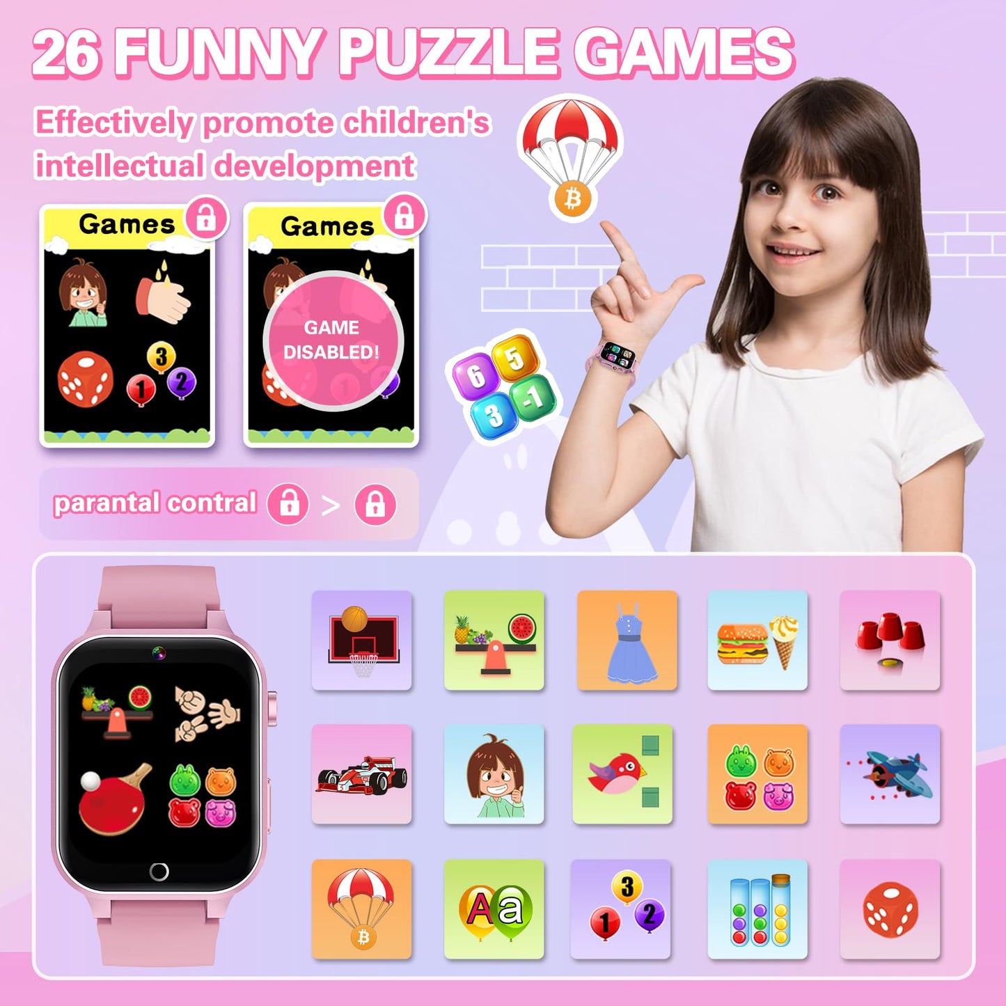 Kids Smart Watch Girls Gift for Girl Aged 6-12, HD TouchScreen Kids Watch with 26 Games Video Camera Music Pedometer Audiostory Learn Card Educational Toys Birthday Gifts for Girls Ages 5 6 7 8 9