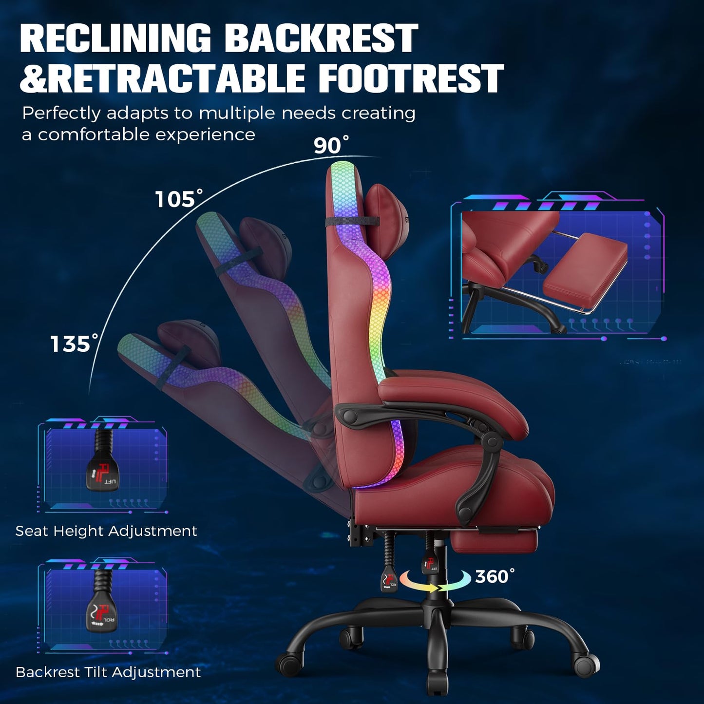 GTPLAYER Gaming Chair, Computer Chair with RGB LED Lights, High Back Ergonomic Chair for Adults with Footrest, Reclining Office Chairs, Linkage Armrest, Wine Red