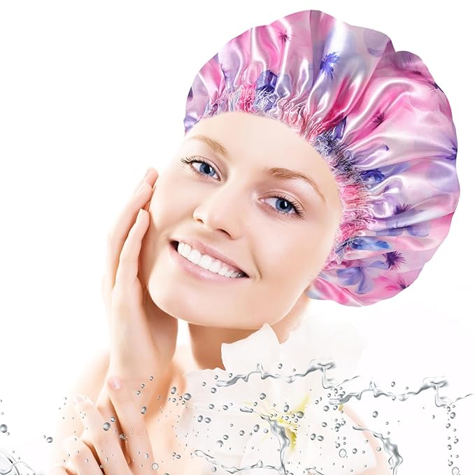 4 PCS Shower Caps for Women, Printing Bath Caps, Double Layers Shower Cap Reusable Waterproof, Bathing Shower Caps, Environmental Protection Hair Bath Hat - Flower C
