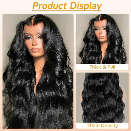 YetFree 28 Inch Body Wave Lace Front Wigs Human Hair Pre Plucked 13x6 HD Lace Frontal Wigs Brazilian Virgin Human Hair 200 Density Glueless Body Wave wig with Baby Hair Natural Black