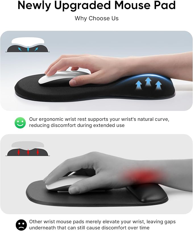 Ergonomic Mouse Pad with Wrist Rest, Black Mousepad with Wrist Support for Desk, Non-Slip Hard Base Mouse Pads, Portable for Office/Home/Travel Work