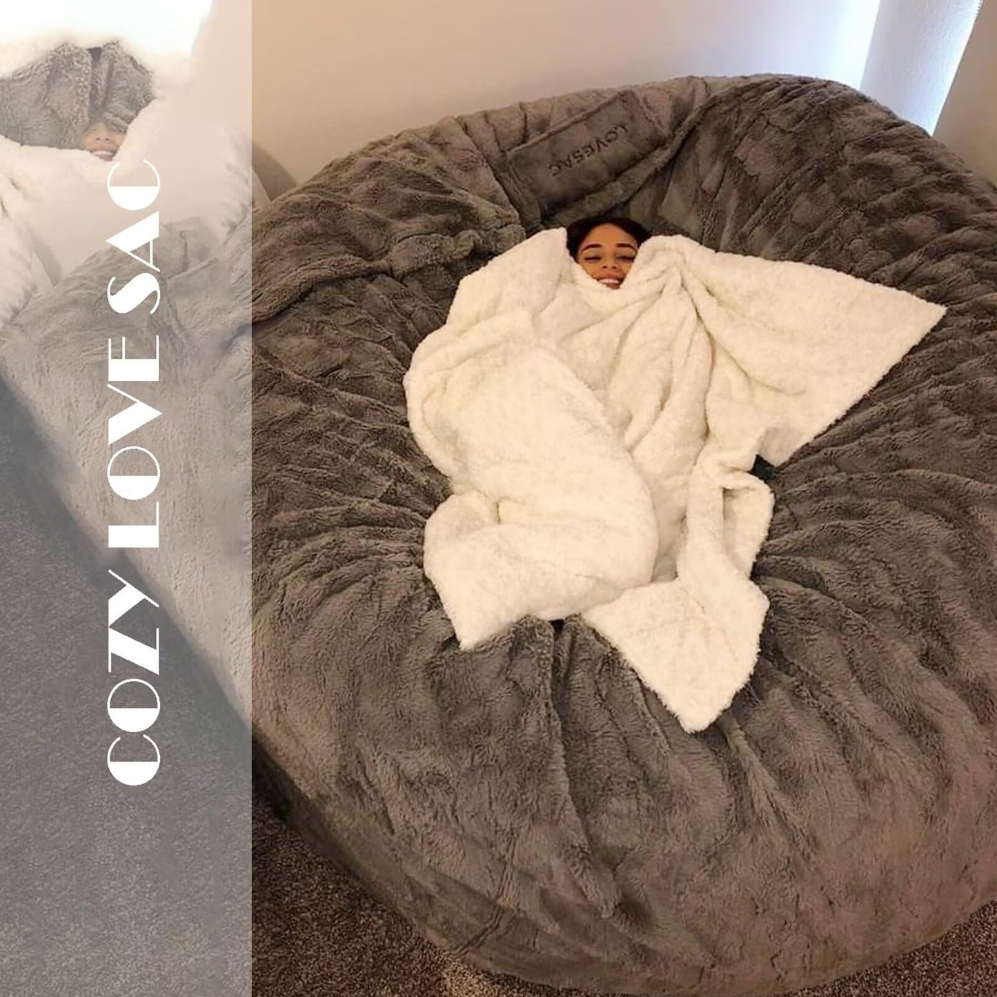 BCU 6FT Bean Bag Chair for Adults and Kids Without Filler Giant Stuffed Animal Storage Cover Soft Faux Fur Floor Chair Cover for Bedroom Living Room, Grey