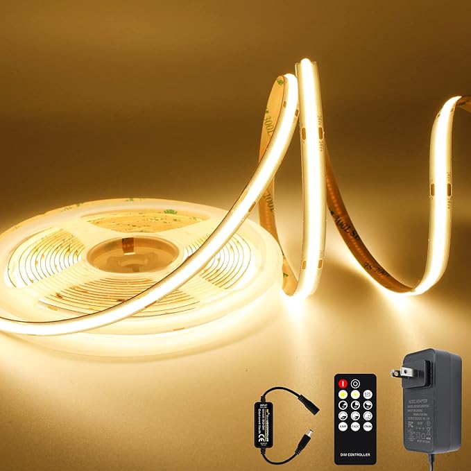 AXMOTUT COB LED Strip Light Warm White, High Bright LED Strips with 2400LEDs, RF Remote and UL Power Supply, 3000K Dimmabl...