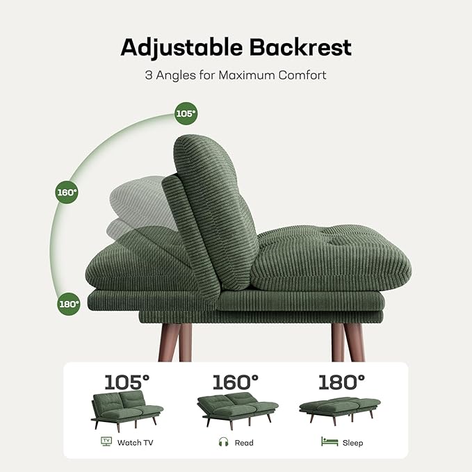 Marsail Futon Sofa Bed, 75” Futon Couch with Adjustable Backrest & Armrests, Convertible Small Sleeper Sofa Bed for Small Apartments, Study Room, Office, Corduroy Loveseat, Green