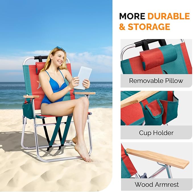 VINGLI Aluminum 17" Backpack Beach Chair – Tall Beach Chairs for Adults, Portable with Adjustable Straps, 3-Position Reclining, Cup Holder, High Lightweight Beach Chairs for Beach