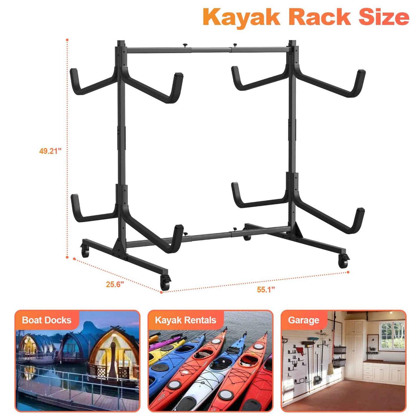 Kayak Storage Rack, Heavy Duty Steel Hanger for 4 Kayaks Stand, Canoe, SUP & Surfboard with Adjustable Width, Movable Wheels, Secure Straps, and Padded Arms for Indoor/Outdoor/Garage Storage