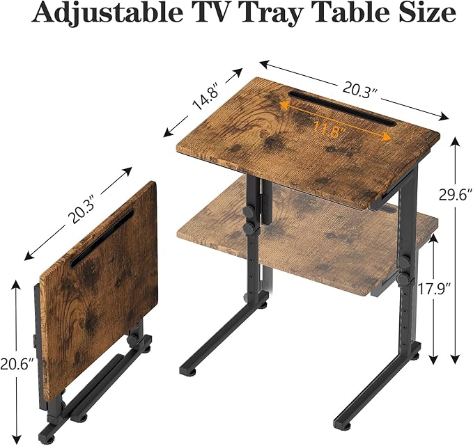 Katrawu Folding TV Tray Dinner Table for Living Room,Adjustable Height Tv Tray,Portable Dinner Snack Trays Table,Small Foldable C-Shaped End Table for Eating with No Assembly Required (Brown)