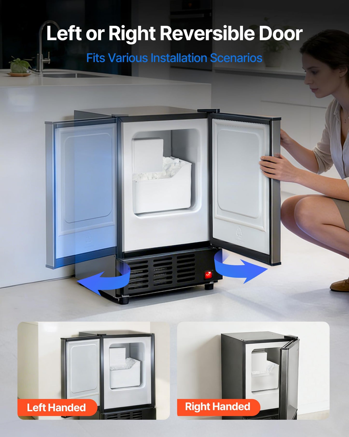 VEVOR 15" W Under Counter Ice Maker, 15 LBS/Day Crescent Ice Maker Built-in with 11LBS Storage Bin & Reversible Door, Freestanding Ice-Making Machine for Commercial Home Kitchens - No Drain Required