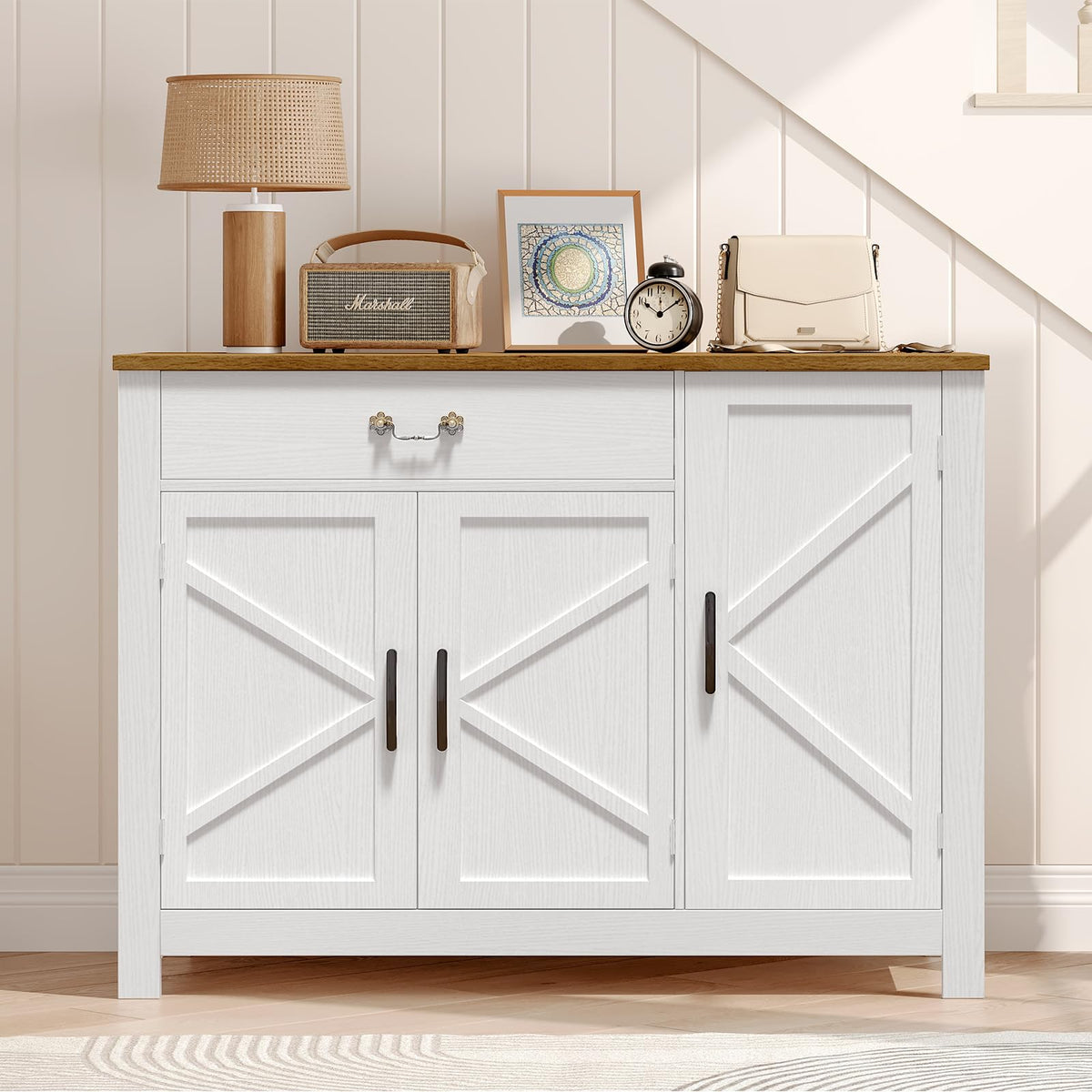 RALGEND Farmhouse Sideboard Buffet, 43” Kitchen Storage Cabinet with Drawer, Buffet Cabinet with Storage, Coffee Bar Station with Adjustable Shelves, for Kitchen, Entryway, White and Walnut