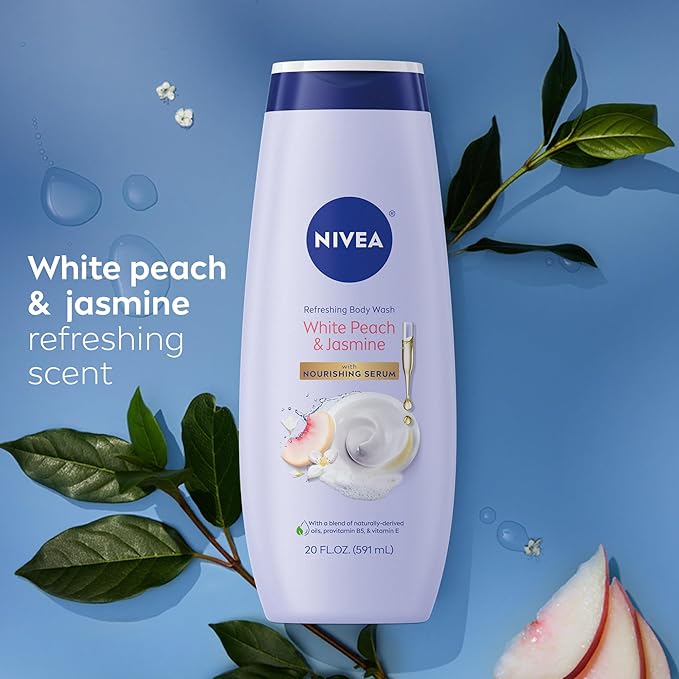 NIVEA Refreshing White Peach and Jasmine Body Wash with Nourishing Serum, Scented Body Wash for Women, Enriched with Provitamin B5 and Vitamin E, 20 Fl Oz Bottle (Pack of 2)