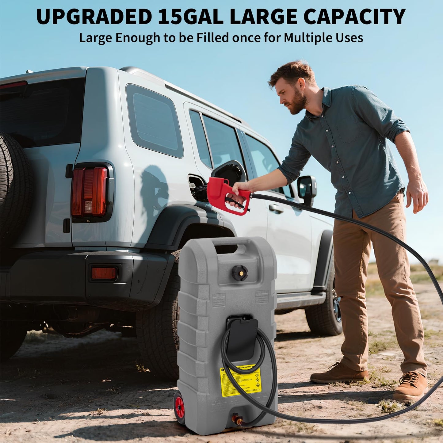 IDEALHOUSE 15 Gallon Gas Can on Wheels, Heavy Duty Portable Fuel Caddy with Manual Transfer Pump, 10 Foot Reinforced Hose, Rotating Nozzle, and Dual Shut-Off Valves, Ideal for Lawn Mowers, Cars, Boats