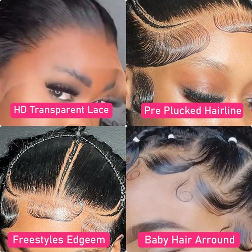 GIESWY Deep Wave Lace Front Wigs Human Hair 13x4 HD Transparent Lace Frontal Glueless Wigs for Women, Natural Black, 16 inch