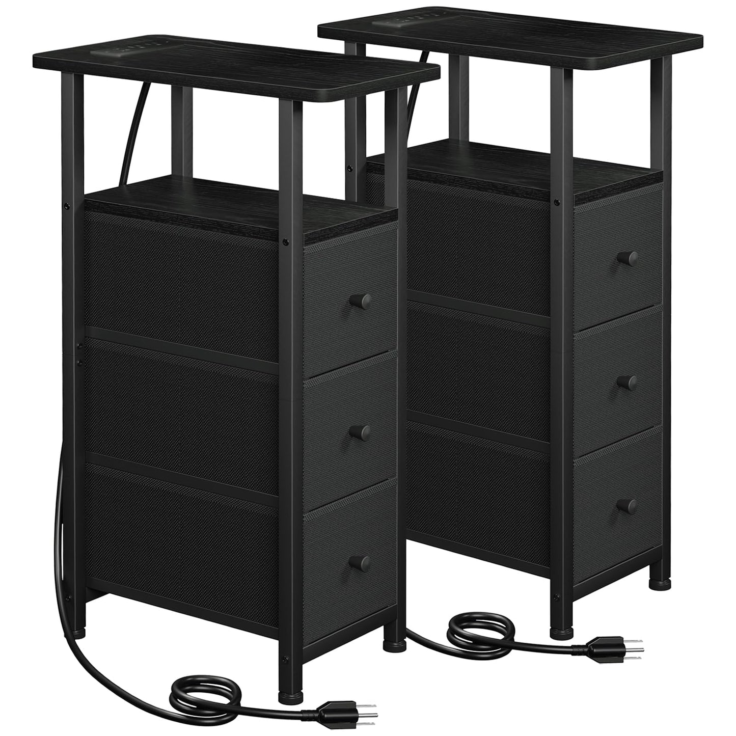 LOAKEKEL Narrow End Tables Living Room Set of 2 with Charging Station, Skinny Side Table with Fabric Drawers, Slim Nightstand for Bedroom, Small Spaces, Couch, Black, HETNDP03BK