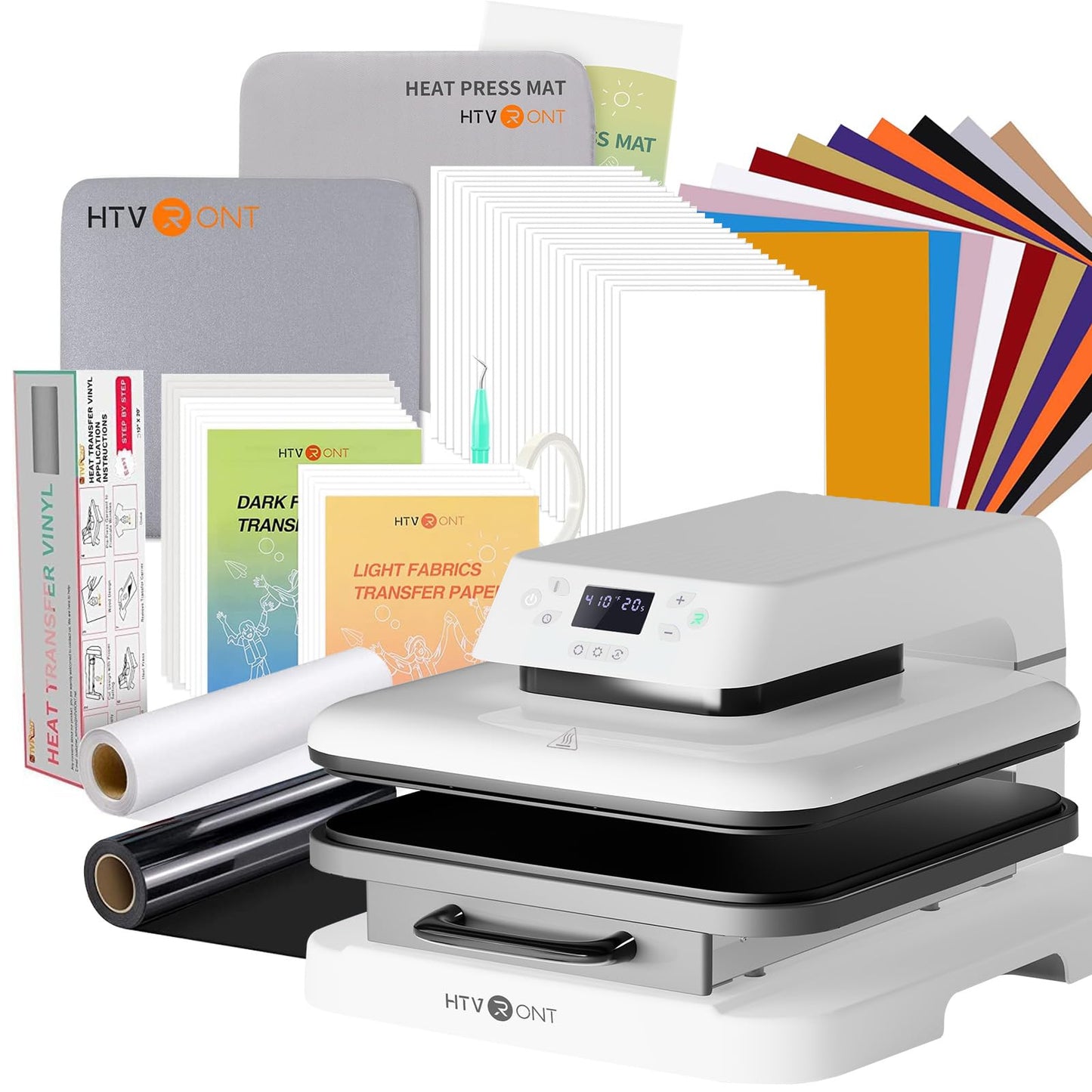 HTVRONT Auto Heat Press Machine for T Shirts - 15x15，52 Pcs Heat Press Accessories & 15"x15" Heat Press Mat for Cricut，12" x 20ft Black & White Heat Transfer Vinyl