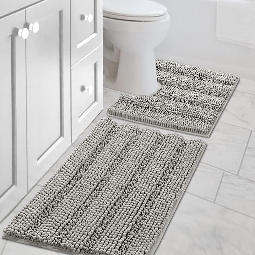H.VERSAILTEX Bathroom Rugs Bath Rug Set 2 Piece Bathroom Contour Rug Toilet Mat Sets Non Slip Contour Bath Rug Ultra Thick Water Absorbent Striped Bath Mats Washable(20" x 32" Plus 20" x 20" U, Dove)
