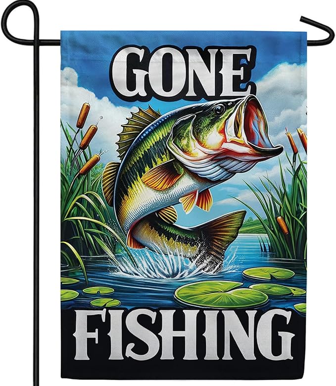 America Forever Gone Fishing Bass Garden Flag, 12.5 x 18 inch Double Sided, Lake Adventure Banner, Outdoor Fishing Decor, ...