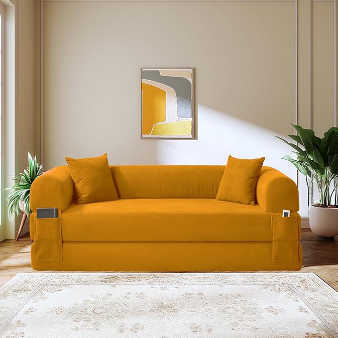 GJQ 80" Convertible Sofa Bed,Corduroy Folding Sleeper Sofa Bed Queen with Pillows & Storage,Modular Pull Out Couches Boneless Couch for Living Room,Compressed Couch in a Box,Yellow