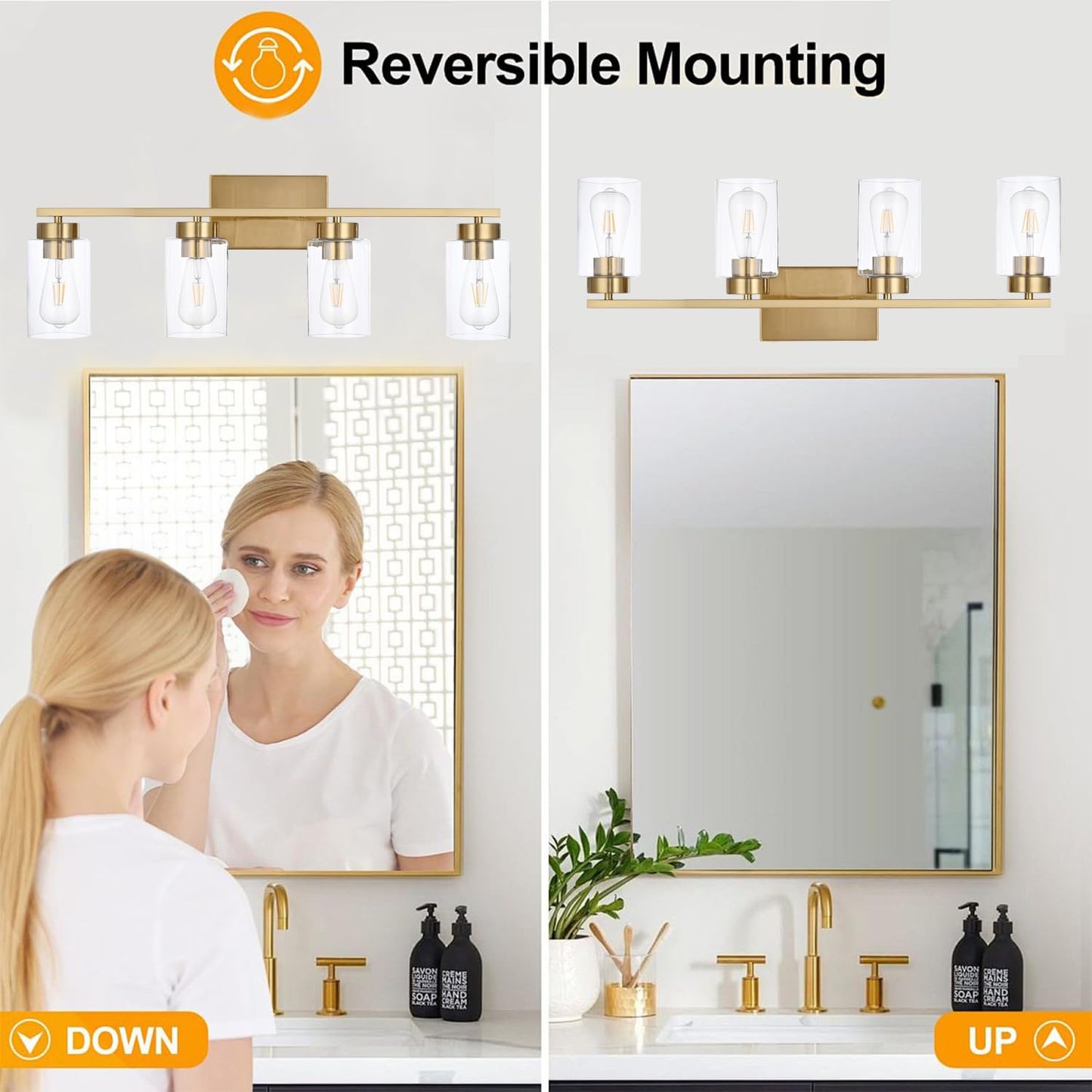 A1A9 4 Light Bathroom Vanity Light Fixtures, Brushed Brass Modern Wall Lights with Clear Glass Shade, Vintage Wall Sconce Lighting for Living Room, Mirror, Bedroom, Hallway (Gold, 4-Lights)