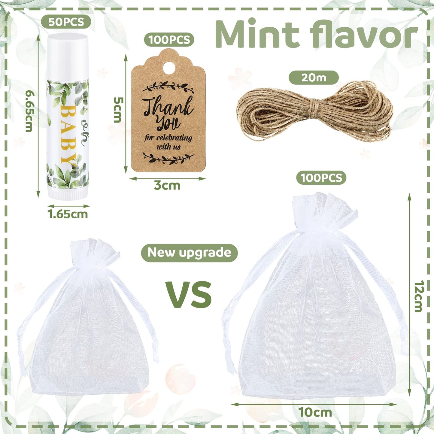 50 Pcs Sage Green Baby Shower Lip Balm Gift Set with 100 Pcs Organza Bag Eucalyptus Baby Shower Favor for Guest Greenery Leaf Li