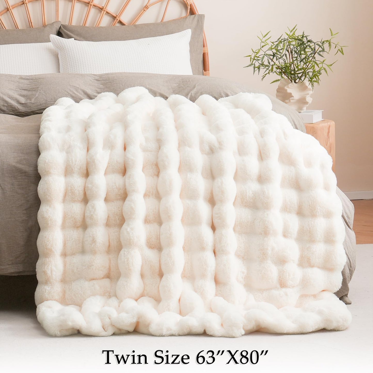 BENVWE Faux Fur Throw Blanket for Couch Bed - Fluffy Soft Thick Bubble Blanket for Living Room Home Decor - Mothers Day Birthday Gifts for Women, Cream White, 63" x 80"