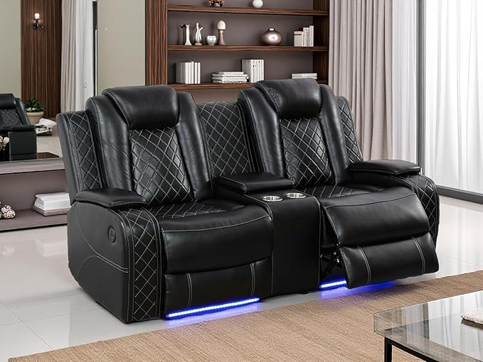 Dekmxas Power Reclining Loveseat Set, Living Room Furniture Sets, Black Breathing Leather Power Recliner Sofa Lovseat with 2 Recliner Seats/LED Light/Cup Holders/Storage Console for Living Room/Rv Car