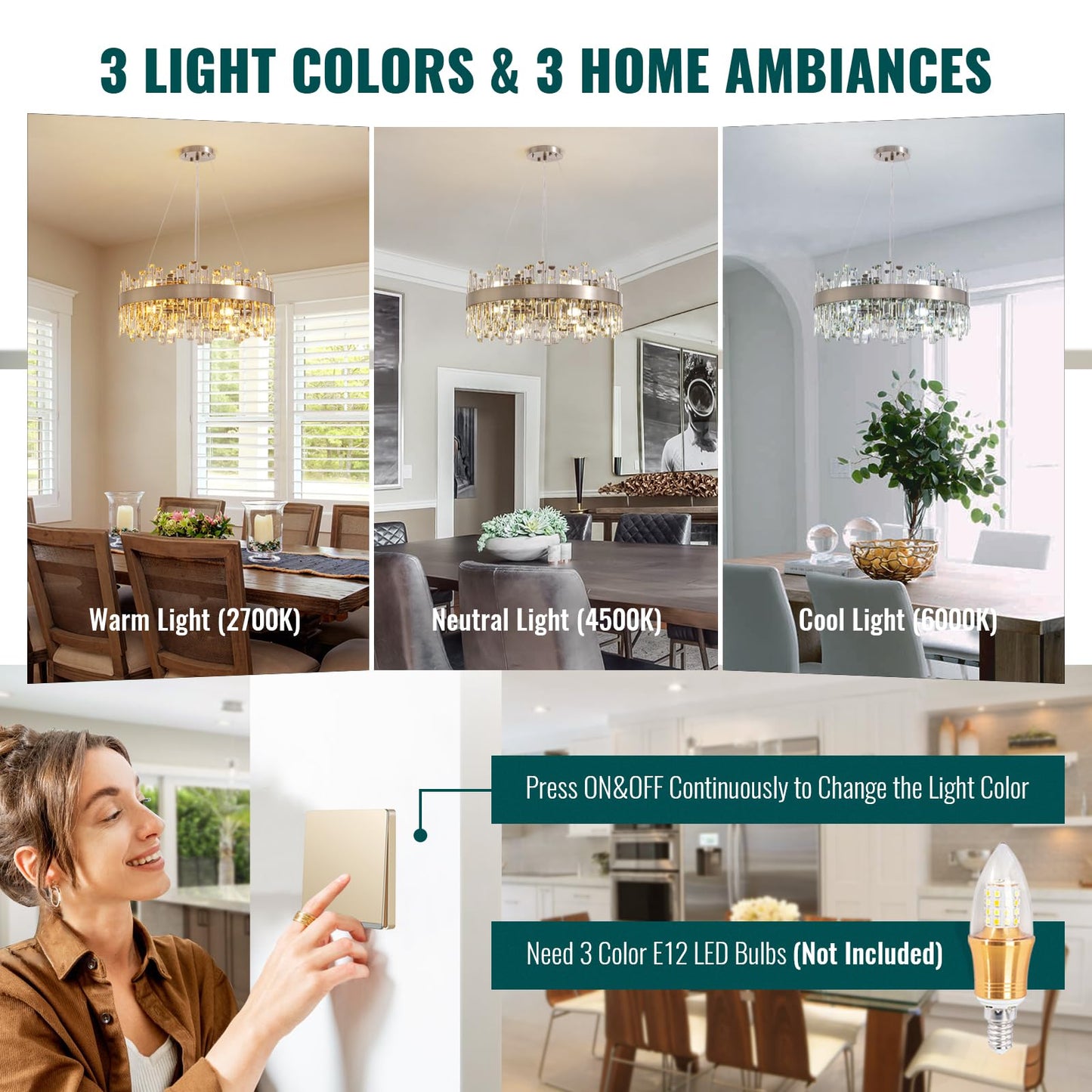 Siljoy Modern Crystal Chandelier 12-Light Brushed Nickel Luxury 2-Tiers K9 Crystal Raindrop Chandelier Dimmable Crystal Ceiling Light for Dining Living Room Kitchen Entryway Foyer D23.6''