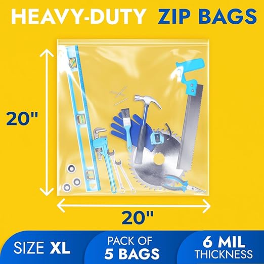 20" x 20" Extra Large Zip Seal Lock Bags, 6 Mil (Pack of 5) – Heavy-Duty Reclosable Plastic Bags – Clear, Resealable, Waterproof – For Storing and Organizing Clothes, Jewelry, and Travel