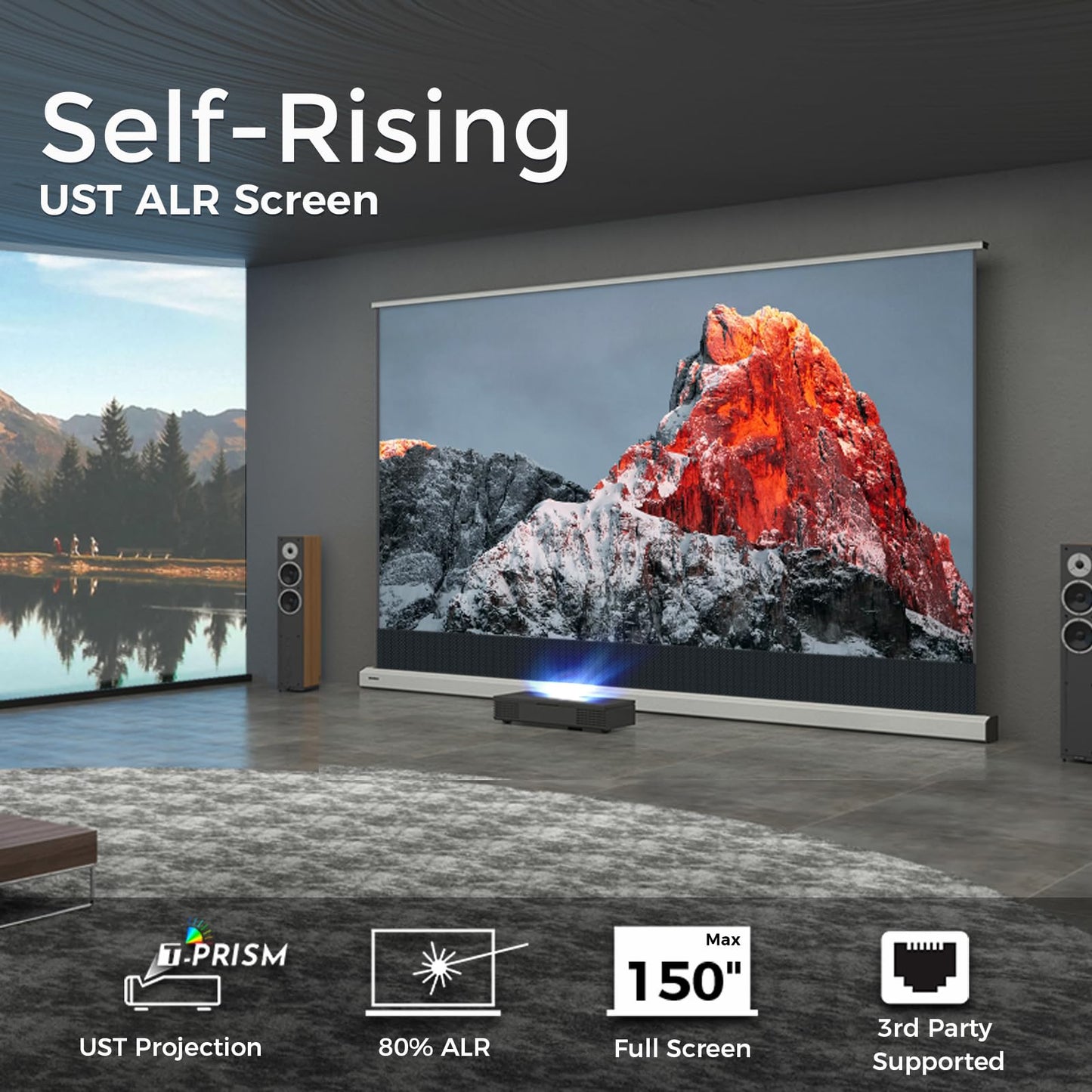 SCREENPRO 120 inch Non-Tensioned Floor Rising Projector Screen, Motorized Self-Rising ALR Projector Screen with Remote, 16:9 Electric Home Theater Screen for 4K Ultra Short Throw Laser Projector