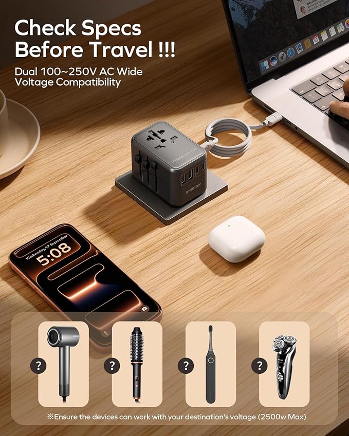 MOMAX 70W Universal Travel Adapter, 6-in-1 GaN International Power Adapter for Laptop, Phone, 3 USB-C PD & 2 USB-A QC Wall Charger, European Travel Plug Adapter for UK/US/AUS/JP, Travel Essentials