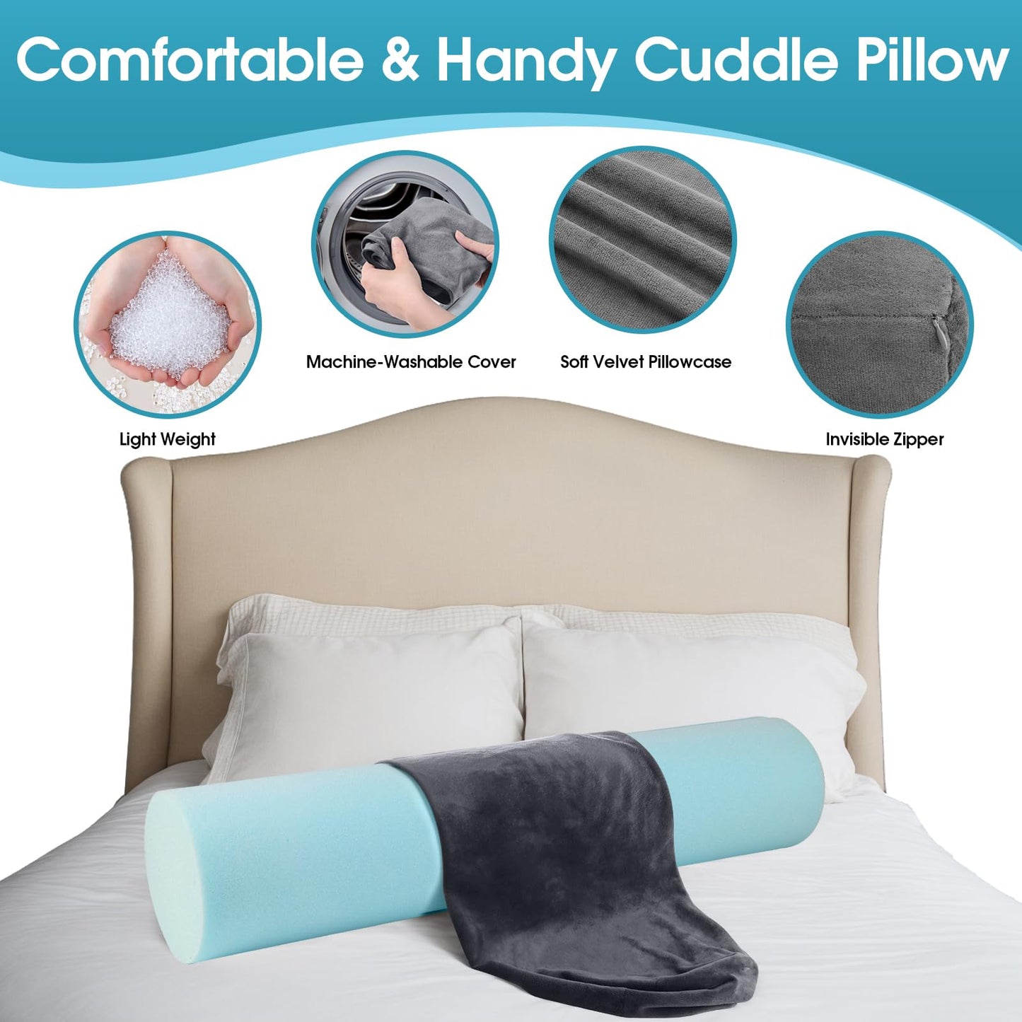 SereneCloud Memory Foam Body Pillow, Long Pillow for Bed, Big Full Body Pillows for Adults, Multifunctional Bolster Pillow with Removable & Washable Velvet Cover, Cylindrical Side Pillow (35.43"*7.9")