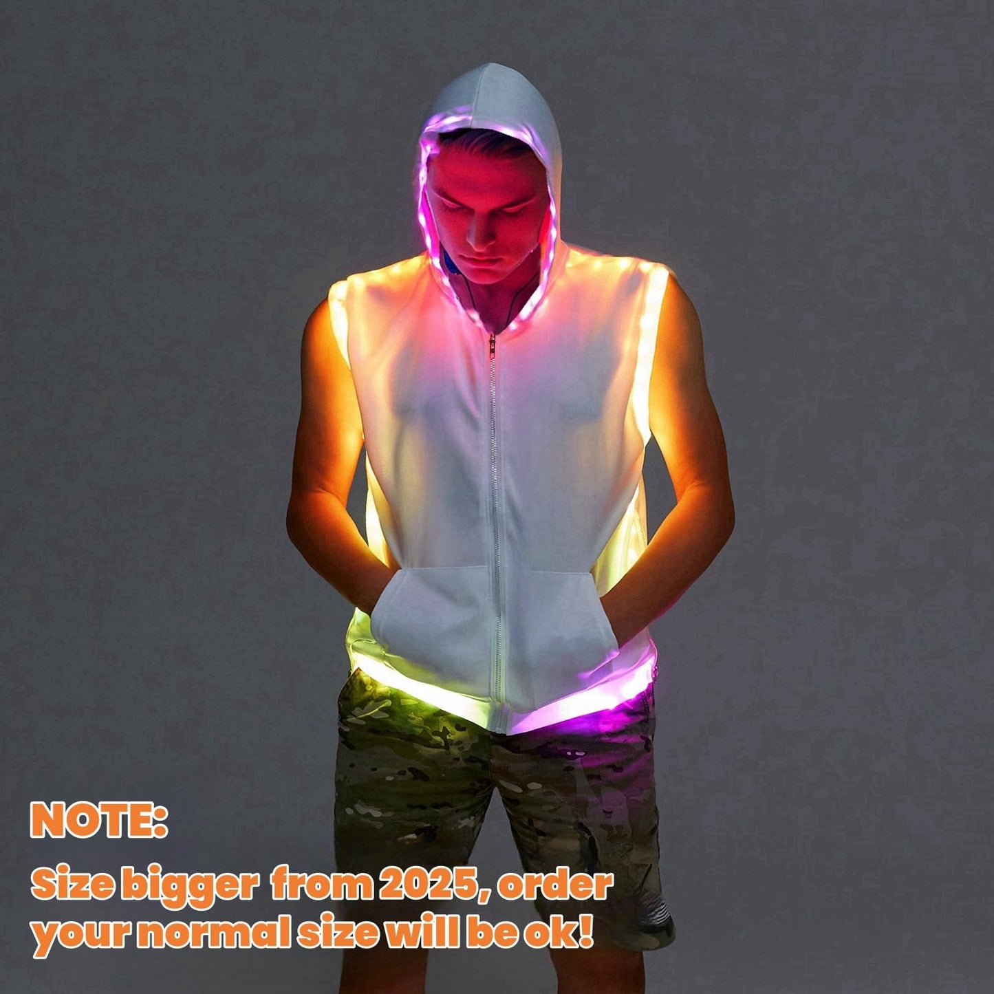 Men's White Hooded Tank LED Light Up Music Player DJ Shirt Disco Outfit Rave Tops Night Club Show for Halloween Dance Party (White, XL)