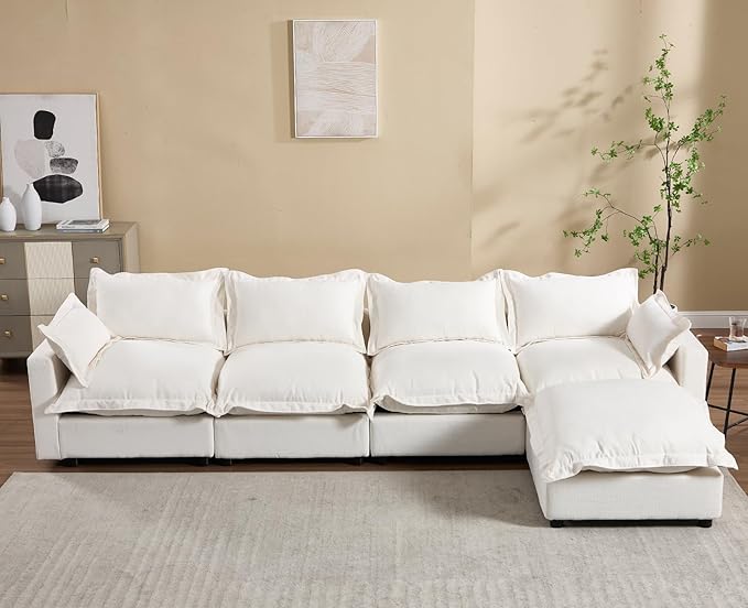 chairus 126" Modular Sectional Sofa with Moveable Ottoman Upholstered Deep Seat Linen Couch Set with Soft Pillows L-Shape Sofa Couch for Living Room, Apartment, Reception Room, 4-Seater/White