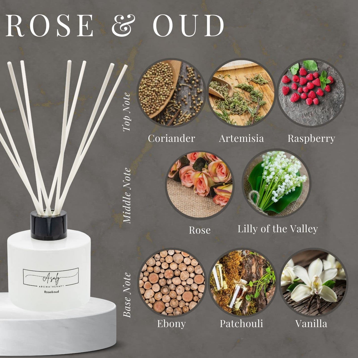ASALY Luxury Candle Gift Set, 2 Scented Candles and 1 Reed Diffuser. Birthday, Anniversary, Gift Set, Mothers Day Gift. Diffuser Scent of (Rose and Oud), Candle Scents (White Tea and Mon Paris)