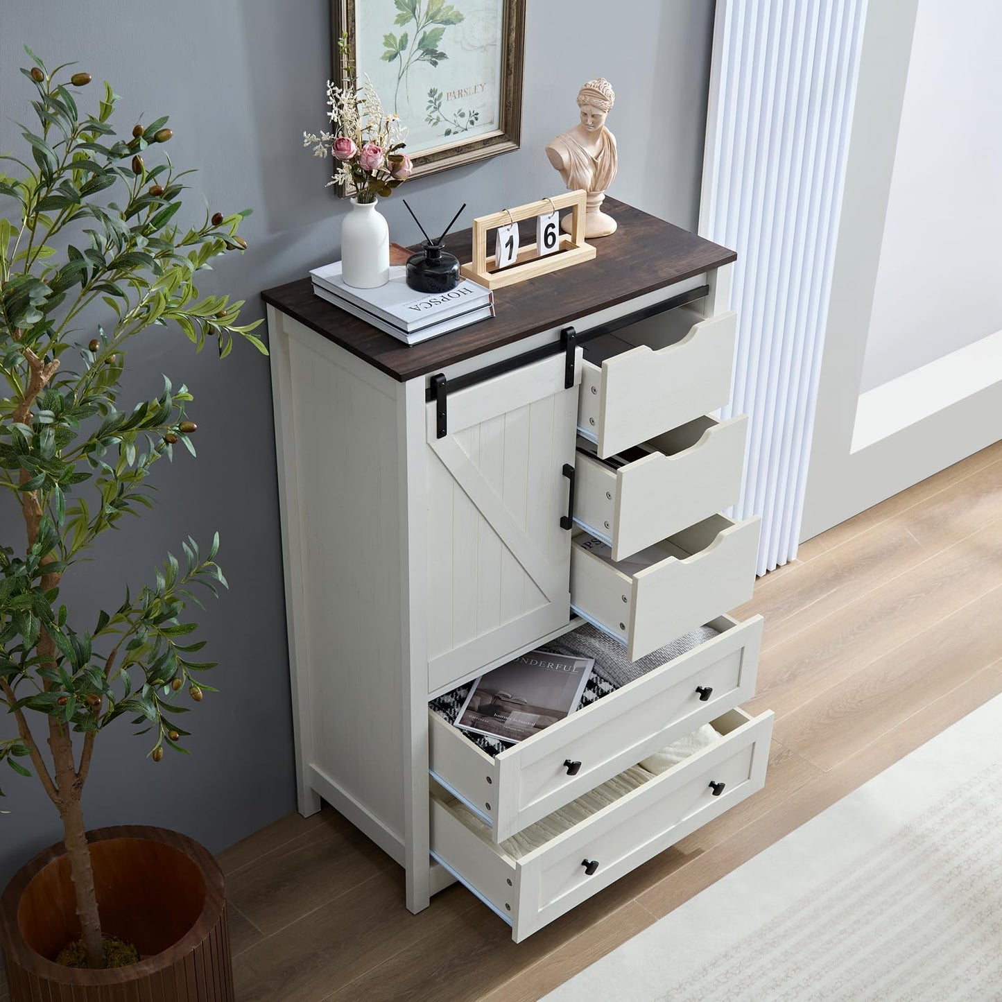 BLANKSPACE Antique White Dresser for Bedroom with 5 Drawers, 5 Chest of Drawers with Sliding Barn Door, Farmhouse Dresser for Living Room, Dining Room, Hallway