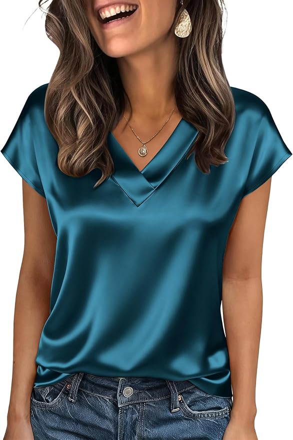Zeagoo Women Silk Satin Tops Cap Short Sleeve Blouse V Neck Shirts Business Casual Outfits S-2XL