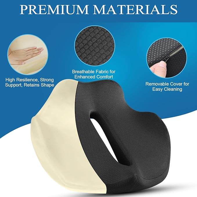 PilloVive Ergonomic Seat Cushion for Office Chair &Car-Advanced Memory Foam Coccyx Pillow for Tailbone,Sciatica &Lower Back Pain Relief-Non-Slip Desk Chair Pad for Long Sitting,Posture Support-Black