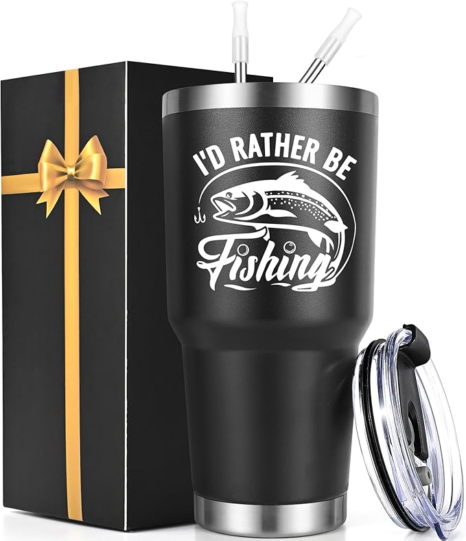 Lifecapido Fishing Gifts for Men, Gifts for Fisherman, I'd Rather Be Fishing 30oz Stainless Steel Insulated Tumbler, Birth...
