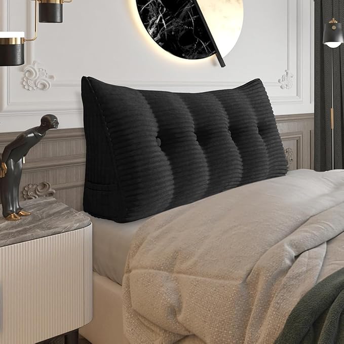 Wedge Headboard Pillow Dorm Room Reading Pillow Back Support for Sitting Up in Bed Bolster Lumbar Cushion Body Positioning Bedrest Corduroy (Black, Full (54 * 8 * 20in))