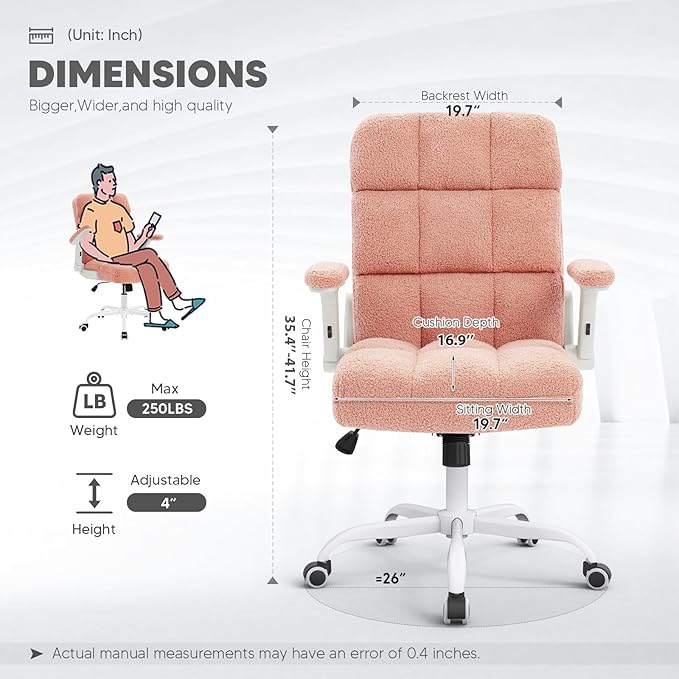 SEATZONE Pink Office Chair Ergonomic Computer Desk Chair with Wheels,Faux Fur Comfy Office Chair for Women and Girls,Teddy Fleece Material
