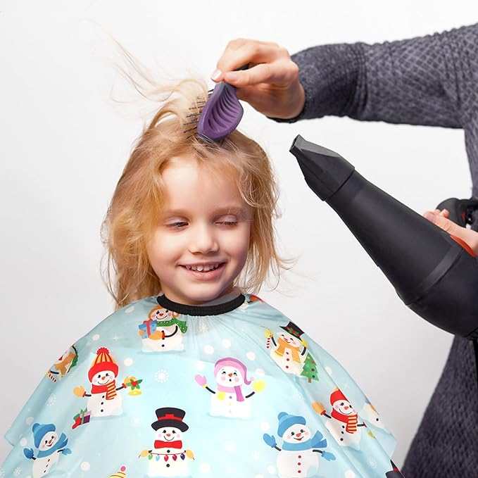 Kids Barber Cape with Neck Duster Brush, Professional Salon Hair Cutting Cape with Adjustable Snap Closure(Snowmen)