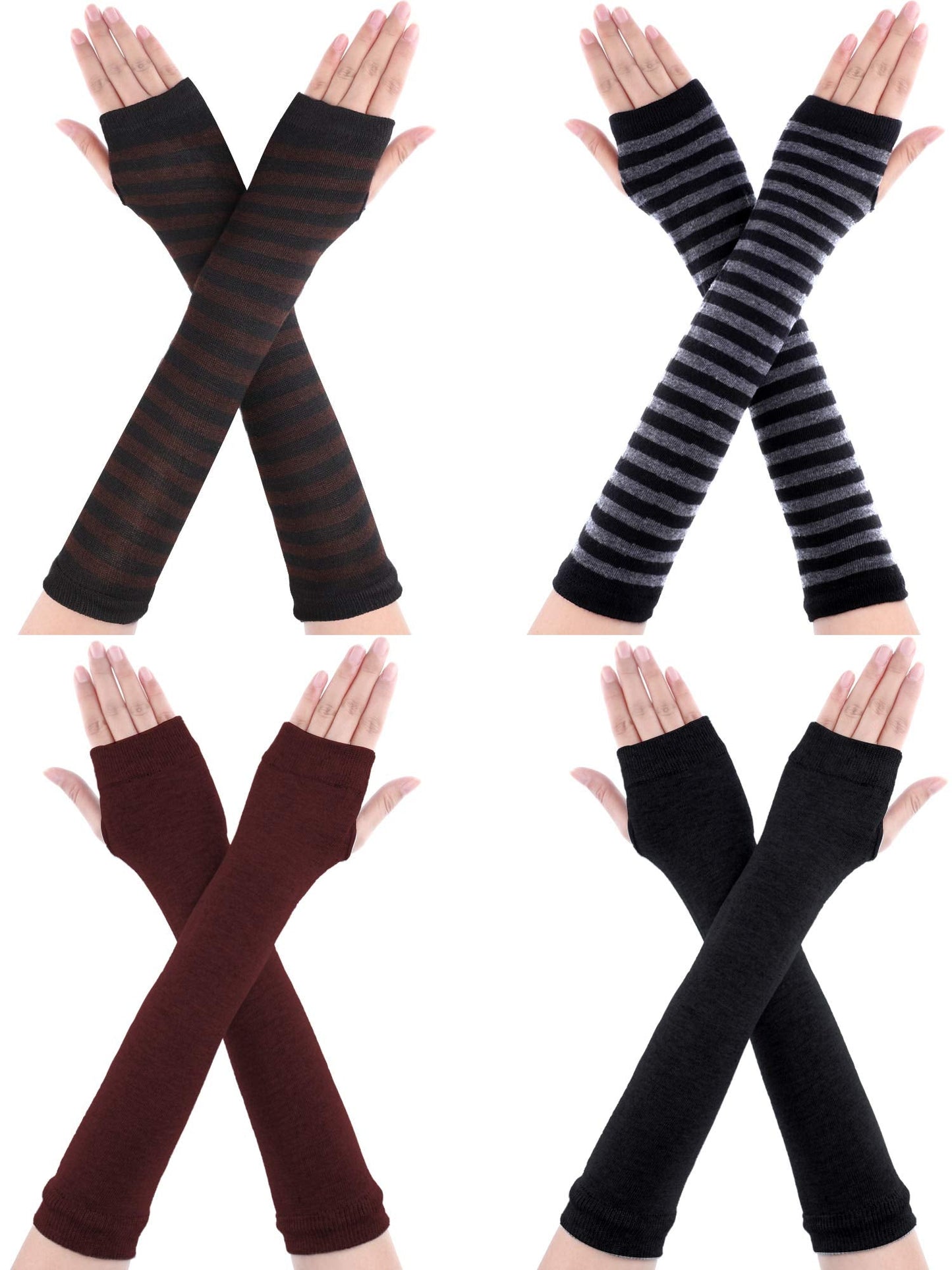 Bememo 4 Pairs Punk Gothic Long Fingerless Gloves Knitted Arm Warmer Elbow Length Thumb Hole Gloves(Black, Coffee, Striped Color)