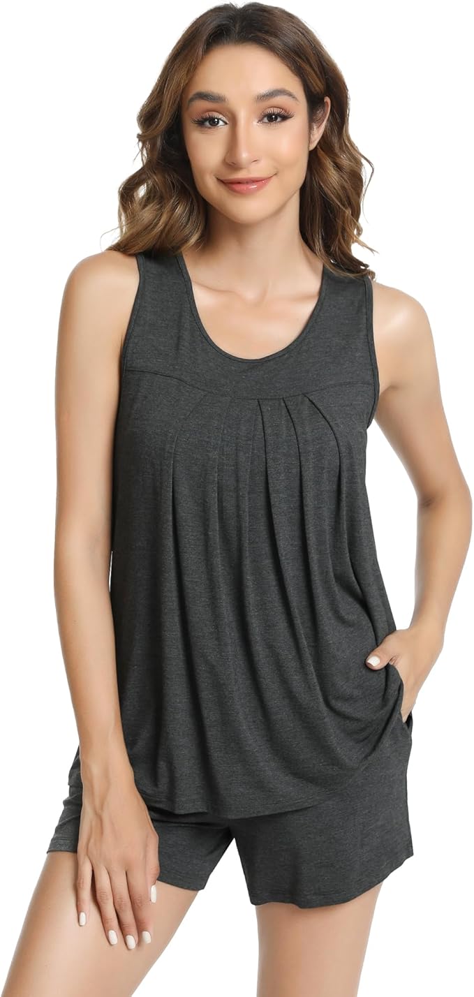 NACHILA Pajamas for Women-Viscose from Bamboo, Ribbed Racerback Tank Top Sexy Split Shorts Pajama Sets Cooling Sleep Cami Pjs
