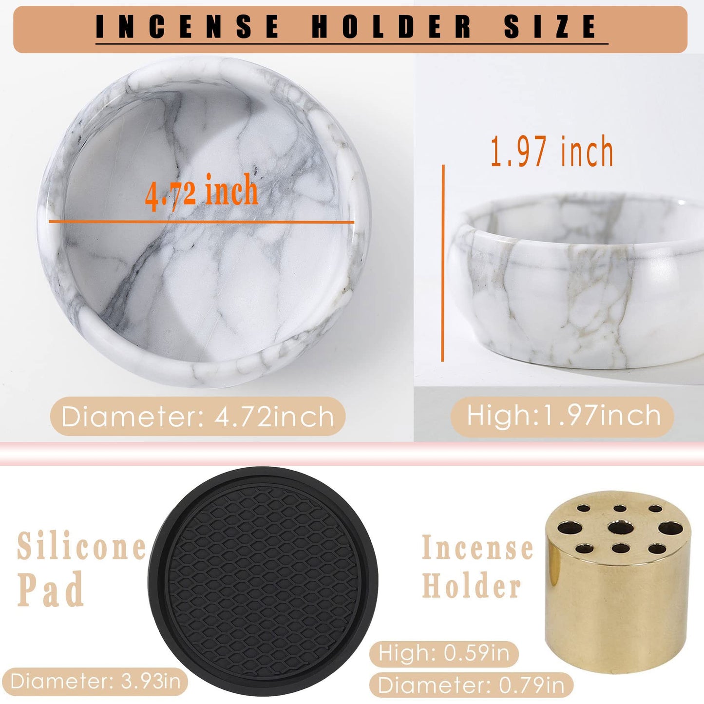 Marble Incense Holder, 9 Hole Burner for Meditation, Natural White & Grey Ash Grabber - Birthday Gift for Mom