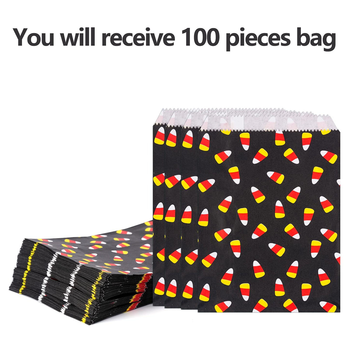 Kolewo4ever 100 Pieces Halloween Treat Bags Halloween Candy Corn Bag Paper Bags Candy Buffet Paper Bag for Chocolate Candy Cookies Party Favor