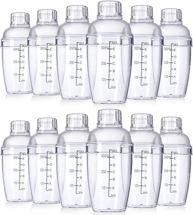 Lallisa 12 Pcs Plastic Cocktail Shaker Drink Mixer with Scales and Strainer Top Clear Shaker Cup with Measurement Plastic ...