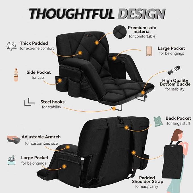 25inch Extra Wide Stadium Seat, Thick Bleacher Chair with Back Support and Cushion, 6 Reclining Positions Bleacher Seat with Armrest, Upgrade Sofa Style Stadium Chair for Sport Events and Outdoors